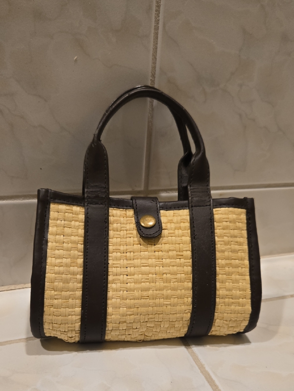 Woven Straw Tiny Bag/phone Case with Brown Trim